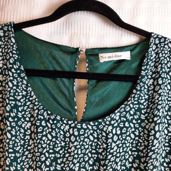NEMIDOR WOMEN'S DRESS 24 LINED GREEN‎ WHITE BOHO FIT N FLARE SHORT BELL SLEEVE - Picture 2 of 8